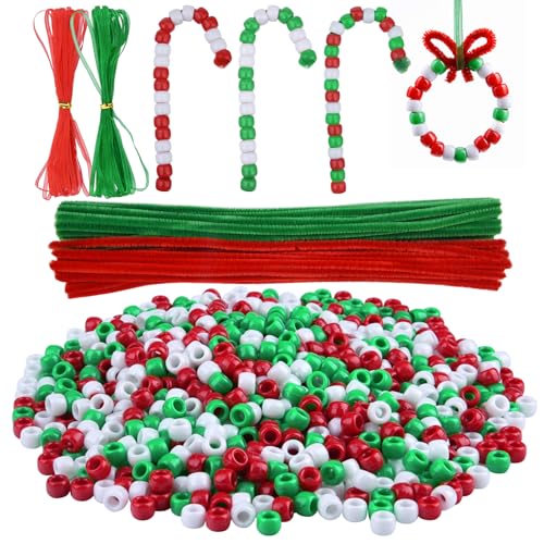 Livder Christmas Beaded Ornament Kit, Include 1000 Pieces Red Green White Plastic Beads, 60 Pieces Chenille Stems, 64 Feet Ribbon for Xmas Wreath Tree Decorations DIY Crafts Jewelry Making - size: Small