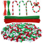 Livder Christmas Beaded Ornament Kit, Include 1000 Pieces Red Green White Plastic Beads, 60 Pieces Chenille Stems, 64 Feet Ribbon for Xmas Wreath Tree Decorations DIY Crafts Jewelry Making - size: Small