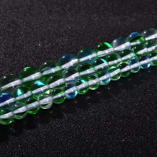 48PCS 8mm Green Angel Aura Round Gemstones Polished Mermaid Aura Moonstone Bead Smooth Stone Loose Beads Crystal Quartz for DIY Jewelry Making 1 Strand 15” - color: Green, size: 8mm