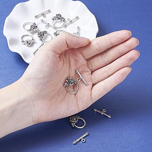 Craftdady 20 Sets Antique Silver Round Flower Toggle Clasps T Bar Closure Ring End Clasps for Bracelet Necklace Making - color: Antique Silver, 19x18mm