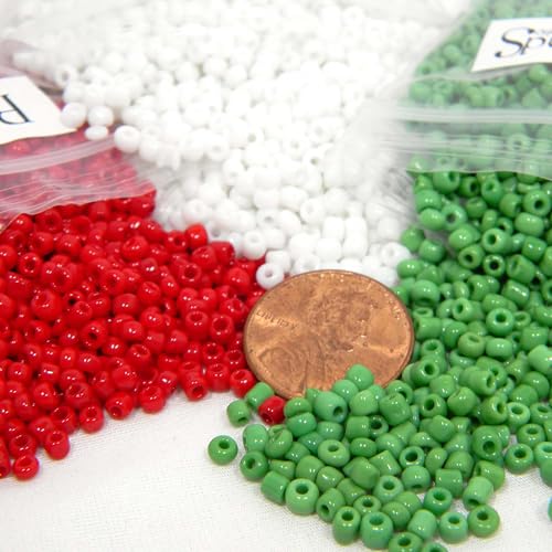 3 Bags Red, White & Green Opaque 8/0 Small 3mm Assorted Mix Christmas Color Glass Seed Beads, G-37.