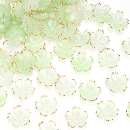 120Pcs Cherry Blossom Acrylic Flower Beads, Shiny Gold-Plated Floral Spacer Beads 5-Petal Gradient Floral Bead for Necklaces Bracelets Earrings DIY Adult Jewelry Making (Light Green Gradient - color: Light Green Gradient, size: Flower Beads