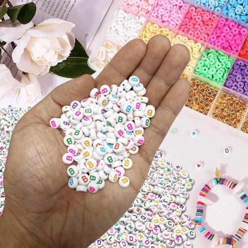 500PCS 4x7mm Acrylic Letter Beads B for Friendship Bracelets Jewelry Making, White Round Flat Acrylic with Colourful Alphabet Beads for DIY Crafts Bracelets Necklaces Key Chains Phone Lanyard - color: B(colourful on white)