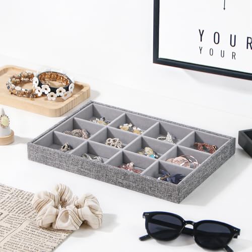 Stackable Jewelry Organizer Tray For Drawers,White Leather Small Earring Storage Tray,Bracelet And Necklace Display Box,Jewelry Ring Display Case (Gray 12 Grids) - style: Gray 12 Grids