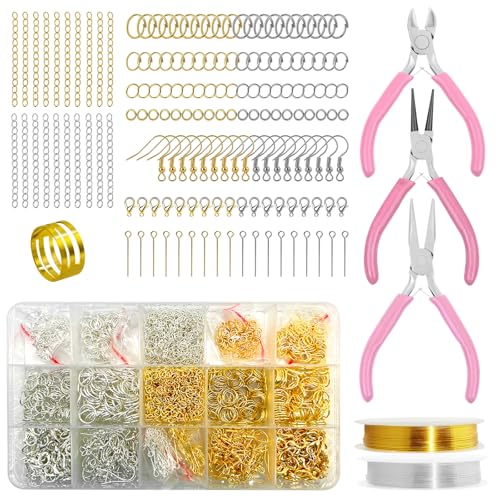 Yauhar 1166Pcs Jewelry Making Supplies Kit Contains Silver & Gold Earring Findings, Lobster Claw Clasps, Necklace Extender Chain, Beading Wire and Jewelry Pliers for DIY and Repair