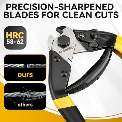 GRENPRO Cable Cutter, 7-1/2 Inch Heavy Duty Wire Rope Cutter, Chrome Vanadium Steel Jaw, For Hard Wire Ropes, Steel Wires And Aircraft Cables