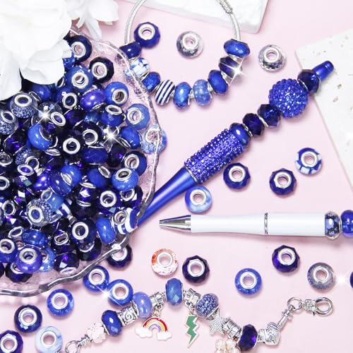 100 Pieces Large Hole Beads Spacer Bead Dark Blue Assorted European Craft Big Beads Large Hole Lampwork Murano Fairy Wand Garden Bead for DIY Pens Bracelet Necklace Keychain Jewelry Making Supplies - color: Dark Blue, size: 100 Pcs