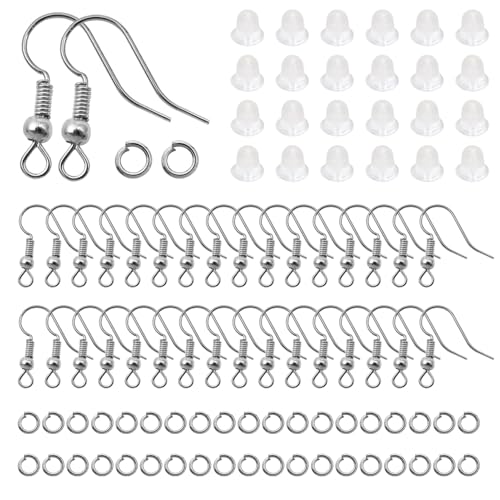 TOAOB 300pcs Earring Hooks Kits Silvery Grey French Ear Wires with Ball and Coil 18mm Fish Hook Earring Making Supplies with Jump Rings and Clear Silicone Ear Backs for DIY Jewelry Findings - color: Silvery grey