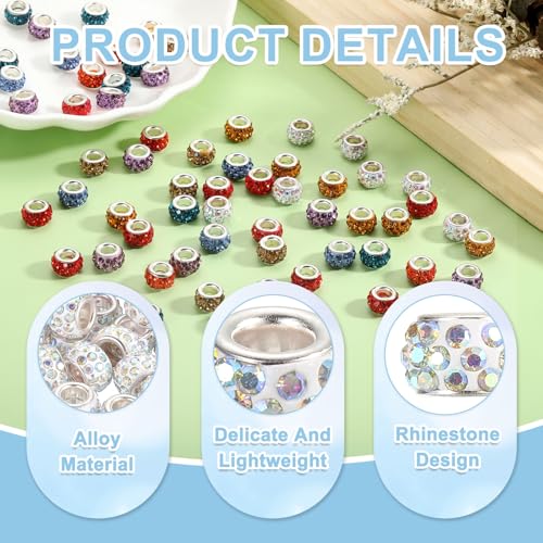 uxcell 50Pcs European Large Hole Beads, Rhinestone Craft Bead Crystal Charm Spacer Beads for Pens Bracelet Making Necklace DIY Craft, White AB - color: White AB