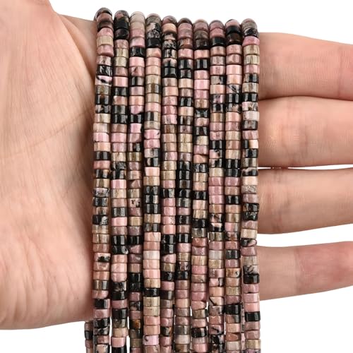 300pcs Natural Rhodonite Heishi Spacer Beads 2x4mm Genuine Real Disc Stone Beading DIY Charm Smooth Loose Gemstone Beads for Jewelry Making Bracelets Necklaces Earrings Crafts - color: Black Rhodonite
