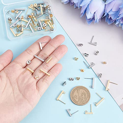 SUNNYCLUE 1 Box 40Pcs 4 Style 304 Stainless Steel Stud Earring Findings with 40 Pcs Stainless Steel Ear Nuts Earring Posts with Loop for Jewelry Making Earrings Supplies DIY Craft Adult Women - color: 20 Pairs Bar Shape Stud Earring Findings