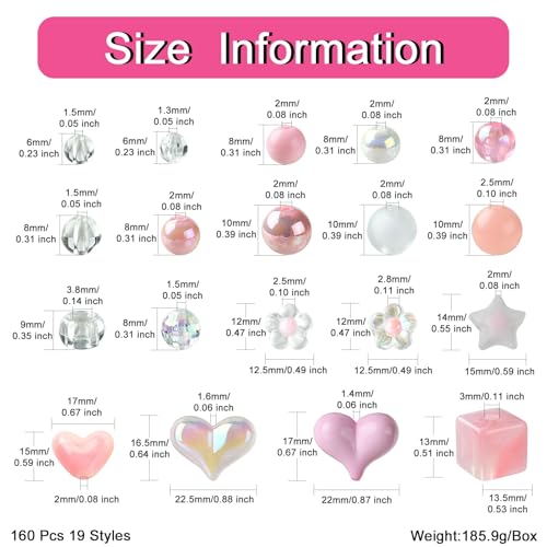 Ipotkitt 160 Pcs Pink Themed Transparent Opaque Acrylic Beads Mixed Shapes Heart Round Flower Star Beads Plastic Spacer Loose Beads for Jewelry Making - color: 160pcs-Pink Themed Beads-6~17mm