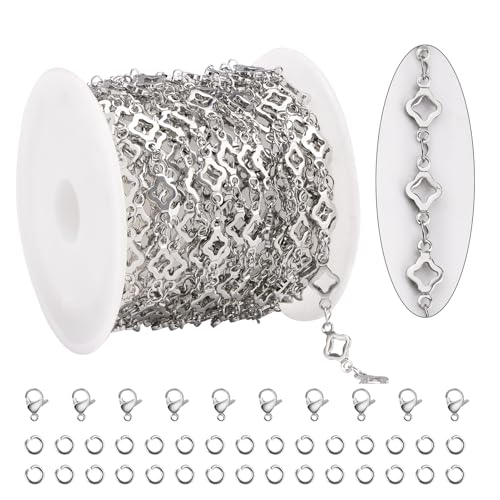 KYUNHOO 13 Feet Stainless Steel Jewelry Making Chains Silver Bulk Jewelry Hollow 4 Leaf Clover Chain for Making Crafts with Jump Rings Lobster Clasps - color: Leaf Clover Silver