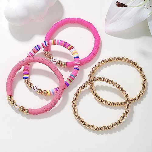COLORFUL BLING 5-12Pcs Bohemian Love Heart Bead Bracelets for Women Vinyl Disc Heishi Surfer Stackable Stretch Bracelet Summer Beach Boho Jewelry - color: 5pcs pink