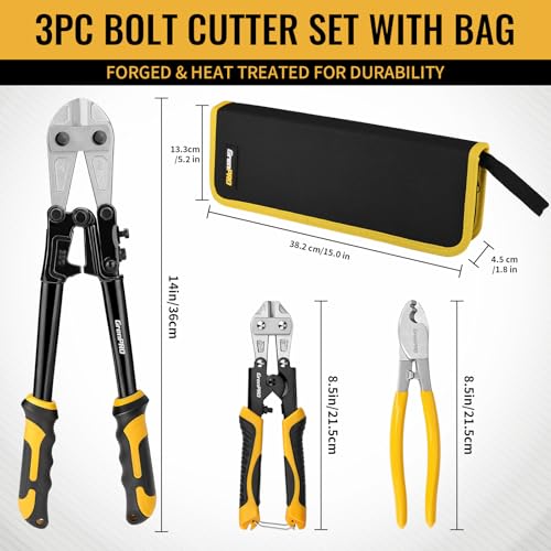 GRENPRO 3-Piece Bolt Cutter Pliers Set, 14" Heavy Duty Bolt Cutter, 8" Mini Wire Cutter, 8" Cable Cutter with Carrying Bag, Cr-V Blade for Metal, Key, Lock, Craft & Hard Wire, Screw, Chains Hand tool - style: 3-Piece Bolt Cutter Set