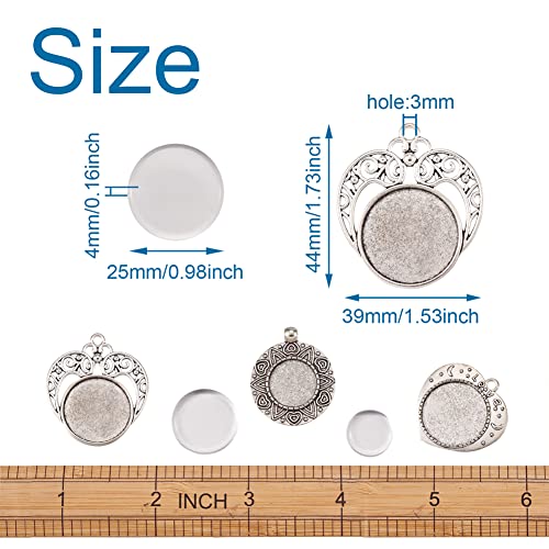 FASHEWELRY 6 Sets Tibetan Style Round Bezel Pendant Trays with Clear Glass Cabochon Dome Tiles for Photo Pendant Craft Jewelry Making - color: Heart & Flat Round