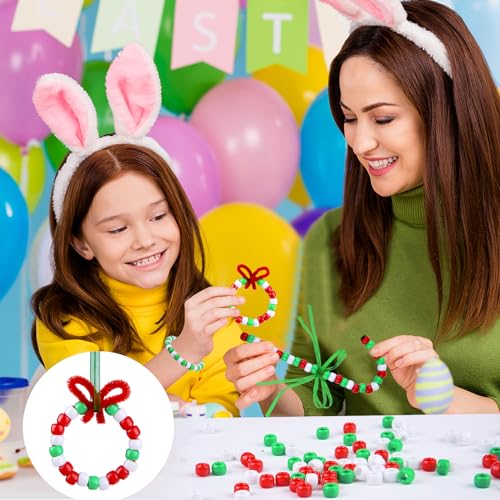 Livder Christmas Beaded Ornament Kit, Include 1000 Pieces Red Green White Plastic Beads, 60 Pieces Chenille Stems, 64 Feet Ribbon for Xmas Wreath Tree Decorations DIY Crafts Jewelry Making (Pack of 2) - size: Small (Pack of 2)