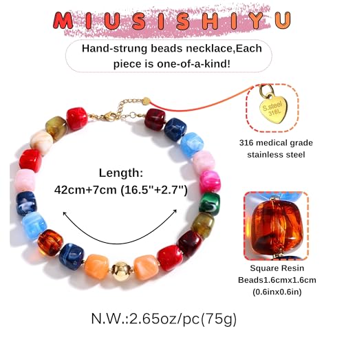 Chunky Necklaces for Women, Trendy Colorful Square Acrylic Resin Beads Statement Choker Necklace, Lightweight Boho Summer Beach Vacation Jewelry - color: Mixed color