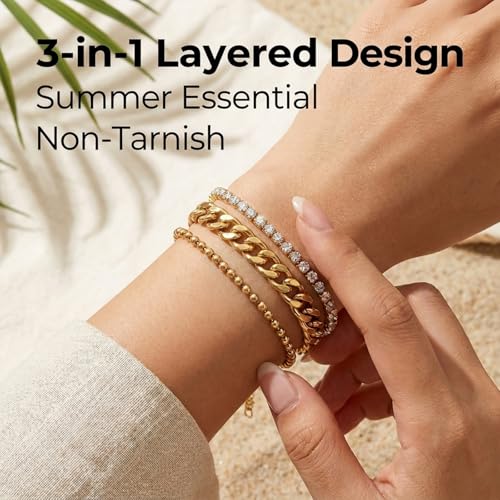 Gmai 18K Gold Plated 3-in-1 Layered Diamond Bracelet for Women, Adjustable Stainless Steel Stackable Bracelet with Extender Chain, Fashion Gift for Mother’s Day Wedding Graduation Christmas