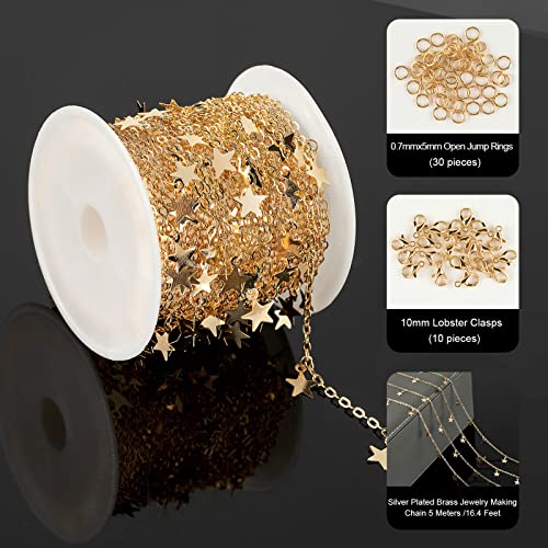 YOUBEIYEE 16.4 Feet Star Link Chain for Jewelry Making Women Necklace Chain Roll, Gold Plated Cable Chains Bulk with Jump Rings and Lobster Clasps - color: Gold Star