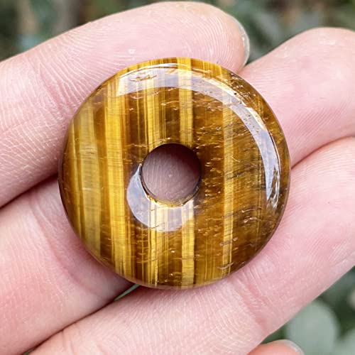 Large Hole 7mm Round Gemstone Disc Lucky Coin Pendant Bead for Jewelry Making, Polished Crystal Amulet Circle Donut Loose Stone Supplies 1.18”(30mm),4Pcs, Tiger's Eye