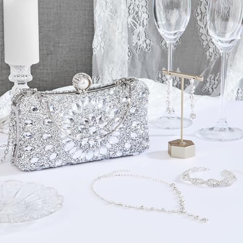 Quelay 4 Pcs Purse Rhinestone Jewelry Set Evening Clutch Bag Bling Crystal Necklace Dangle Earrings Bracelets Accessories - color: Silver, size: Groovy Style