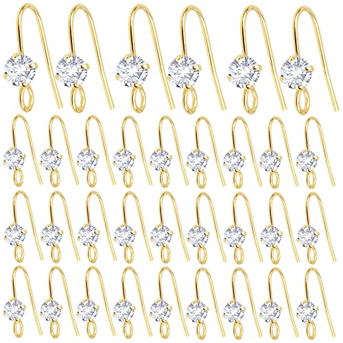 30pcs 14K Golden Diamond Earring Fish Hooks Hypo-allergenic French Rhinestone Ear Wire Connector for Women DIY Earrings Jewelry Making - color: Gold