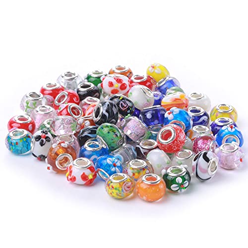 Weebee Murano Glass Beads Large Hole Glass Beads European Lampwork Spacer Charms Bead Silver Plated Cores Bracelet Charm for DIY Crafts Jewelry Making 50 Pcs Mixed
