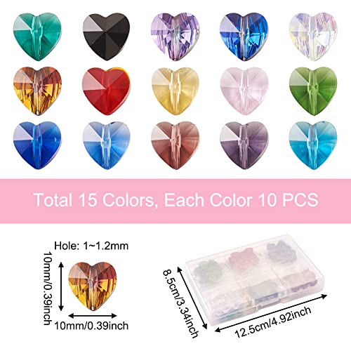 Cheriswelry 150pcs Faceted Heart Transparent Glass Beads 10mm Loose Spacer Love Heart Beads 15 Color Crystal Handmade Crafting Beads for DIY Earring Bracelet Necklace Jewelry Making - color: 15 Color