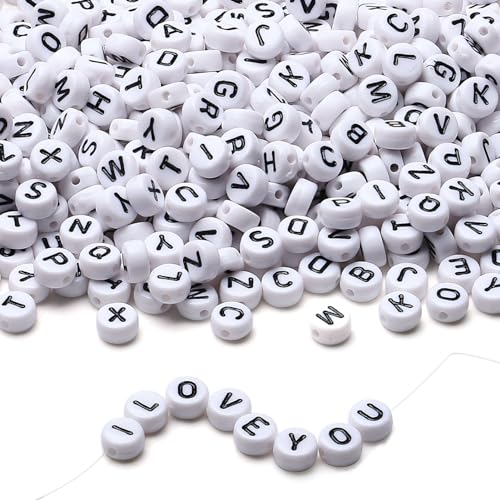 LAIDANLA 1500PCS Acrylic Letter Beads Alphabet Black Letters White Round Bead 7×4mm for Jewelry Bracelets Necklaces Key Chains Making - color: B-Black Letter White Beads