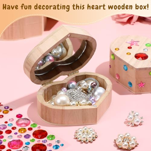 Kigley 12 Set/100 Pcs Unfinished Wooden Boxes for Crafts, 12 Heart Treasure Box with Mirror, 72 Paints, 12 Brushes, 4 Rhinestones Stickers for DIY Jewelry Keepsake Storage, Paint Party Favor