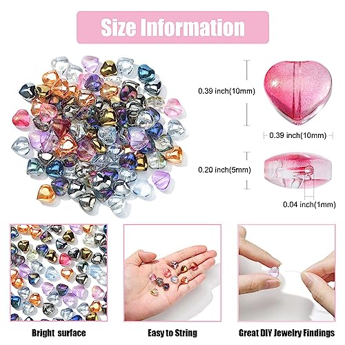 UR URlifehall 100 Pcs Heart Electroplate Transparent Glass Beads with Glitter Gold Colorful Heart Shaped Glass Beads for Keychain Jewelry Making - color: 100Pcs-10x10x5mm-heart glass beads