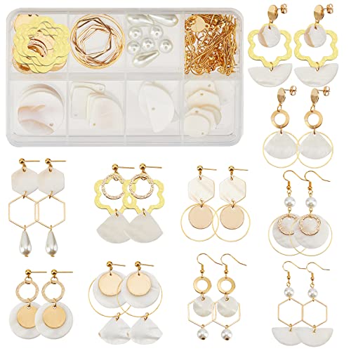 SUNNYCLUE 1 Box DIY 10 Pairs Flat Round Charms Freshwater Shell Charms Pendants Earrings Making Kit Teardrop Beads for Jewelry Making Brass Linking Rings Starters Adult Women Golden Instruction - color: Diy 10 Pairs Flat Round Charms Earrings