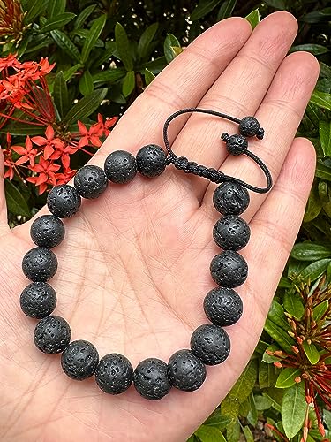 GAF TREASURES Grade A ++ Gemstone Round Bead Adjustable Bracelet 10mm, Genuine Crystal Bead Bracelet, Gift for Men & Women - color: Black Lava