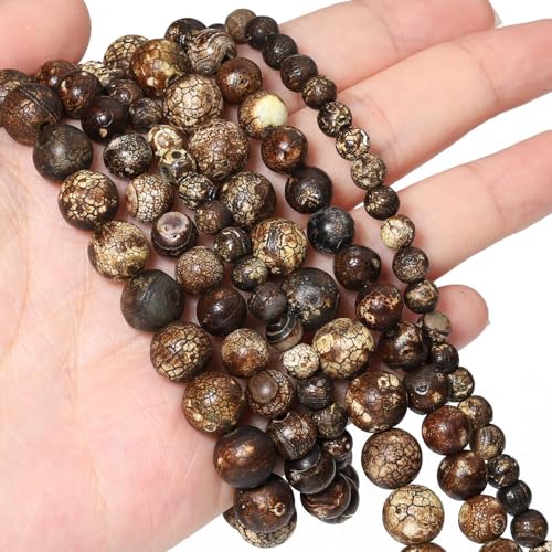 Stone Beads, 45pcs Brown Dragon Vein Agate, 8mm Round Loose Beads for Jewelry Making, Bracelets, with Bag, String & Card - color: Brown Dragon Vein Agate, size: 8mm