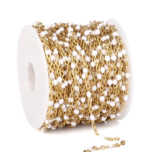 33 Feet Gold Enamel Chains Bulk, 2mm 18K Gold PVD Plated 304 Stainless Steel White Enamel Beaded Cable Link Chain Roll Spool for Jewelry Making - color: Gold White Beads