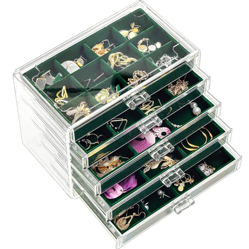 ProCase Earring Holder Organizer Jewelry Box with 5 Drawers, Acrylic Clear Earring Case with Adjustable Velvet Trays for Women - Emerald, 5 Layers - color: Emerald, size: 5 Layers, Standard, Regular