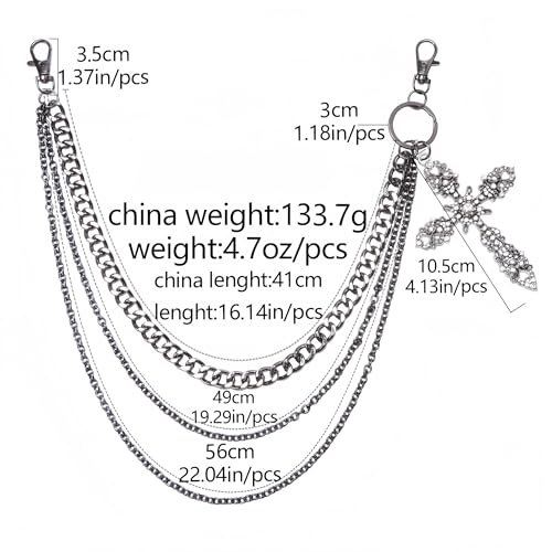 Layered Punk Pants Chain for Men Women, Gothic Hip Hop Jean Chain Wallet Chain Biker Trouser Chain, Goth Emo Fashion Keychain Accessories - color: 3L-Bling Cross Chain