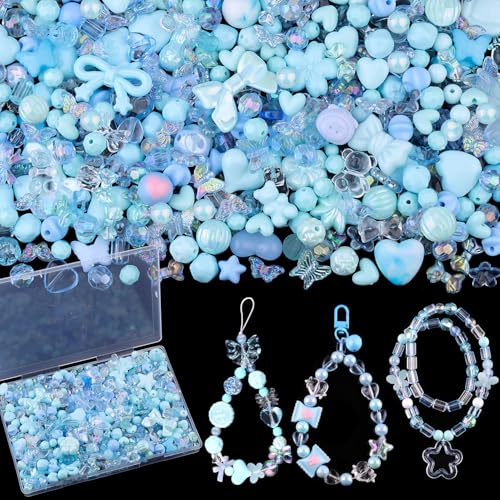 200-260PCS TINKRSTUFF Assorted Acrylic Beads Blue Cute Beads for Bracelet Making,Bow Aesthetic Star Flower Butterfly GummyBear Round Kawaii Charms for Jewelry Necklace Making DIY Keychain Phone Charm - color: Blue-150g