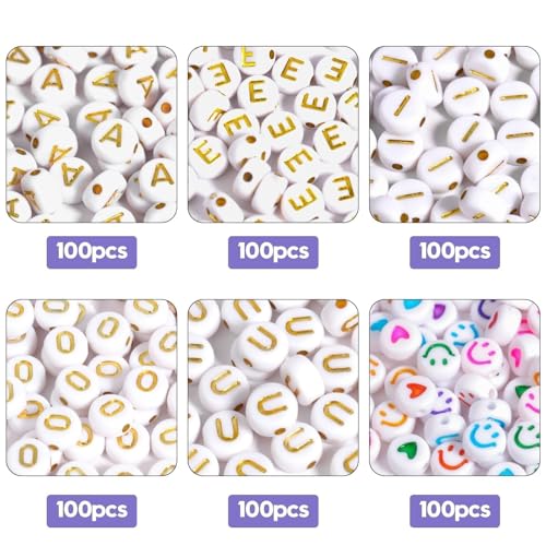 600Pcs Flat Round Vowel Letter Beads 7x4mm with Letter A E I O U Gold Letters White Acrylic Beads for Jewelry Making with Colorful Smiling Faces and Heart - color: Mixed Gold