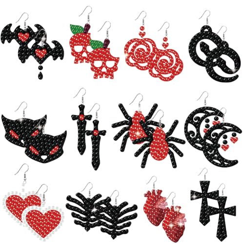 BEUNITONE 12 Pairs Gothic Style Earrings Diamond Art Earring Making Kit, Dangle Drop Diamond Art Earring Kit for Adults Women, DIY Fun Earrings Craft Set, Halloween Party Favors and Gothic Decor - style: Gothic