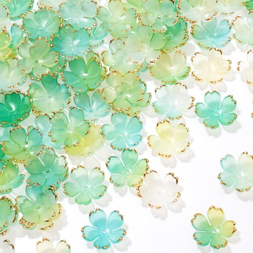 100pcs Cherry Blossom Beads, 5-Petal Green Gradient Acrylic Flower Beads, Mini Spacer Hair Accessories Halloween Christmas for Bracelets Earring Jewelry Making - color: Green