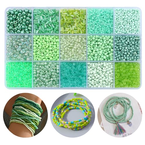 15 Color 4mm Small Assorted Glass Seed Beads,3mm Bugle Beads Friendship Bracelet Kit,2mm Tiny Tube Bead for Jewelry Making(Green) - color: light green