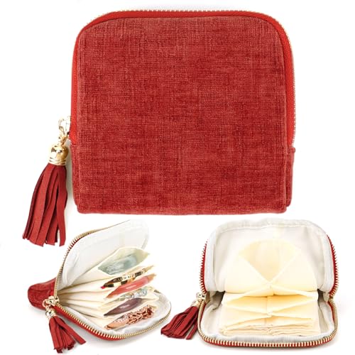 YOPCDJ Small Travel Jewelry Case, Portable Soft Jewelry Bags, Organizer Pouch with 6 Compartments Pocket, Anti-Scratch Storage Holder for Bangle Bracelets Earrings Necklace, Women Gifts, Red - color: Classic-Red