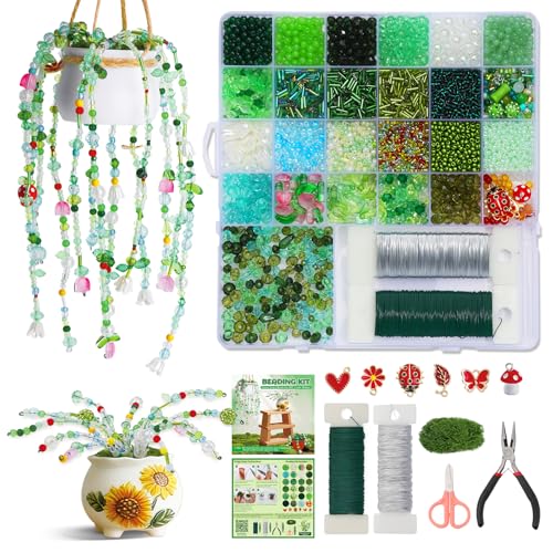 GarfxG Beaded Plant Kit, Green Glass Beads Plants Kit, Forever Plant Beads Green Beads with Step by Step Instructions, Video Tutorials, DIY Making Tools for Home Decor Jewelry Making DIY Craft