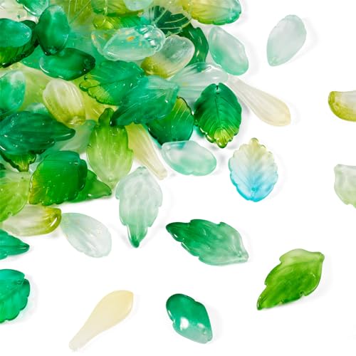 Glass Leaf Beads Crystal Glass Leaf Charms Transparent Leaves Pendants Tiny Green Leaf Bead Caps for Christmas Earring Bracelet Jewelry Making DIY Keychain Craft - color: 9 Styles-Green Leaf