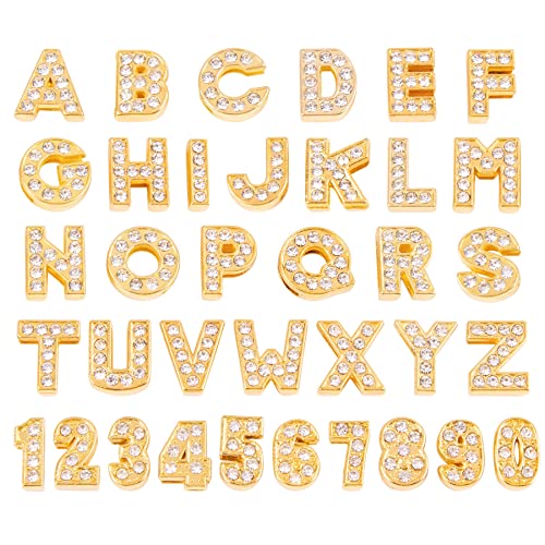 AUEAR, 36 Pack Gold 8mm Full Rhinestone Slide Alloy Letter Charm Crystal A-Z Alphabet with 0-9 Numbers for Bracelets Wristbands DIY Jewelry Making - color: Gold, size: 36 Pack