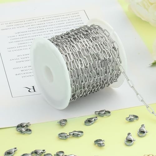 Kyutong 16.4 Feet Stainless Steel Chain Link with Spool Soldered Silver Chains for Jewelry Making 3MM Paperclip Necklace Chains Bulk for DIY Craft Bracelet Ankle Finding Supplies - color: 3mm Paperclip Silver
