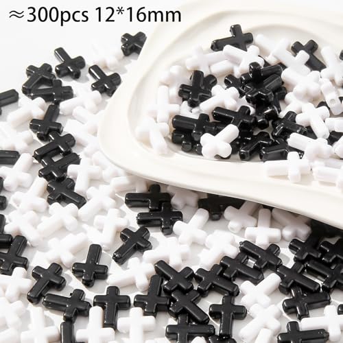 300pcs Black&White Cross Beads 12 * 16mm Cross Bead Crosses Spacer Bead Bulk for DIY Crafting Necklace Bracelet Jewelry Making Keychain (Black&White) - color: black&white
