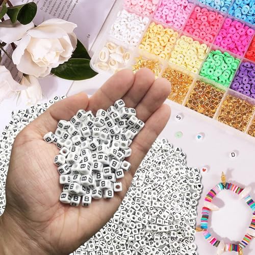 600PCS 6x6mm Square Acrylic Letter Beads B for Friendship Bracelets Jewelry Making, White Acrylic Cube Base with Black Alphabet Beads for DIY Crafts Bracelets Necklaces Key Chains Phone Lanyard - color: Letter B(Black on White)